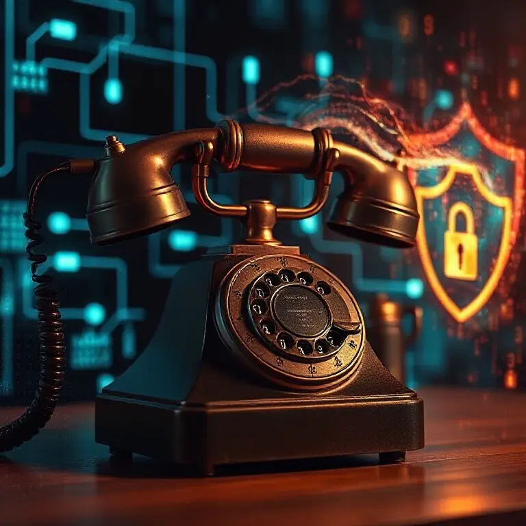 Contact mioso - IT Security: AI-generated image of an old telephone with a dial in front of a digital background with a cybersecurity shield