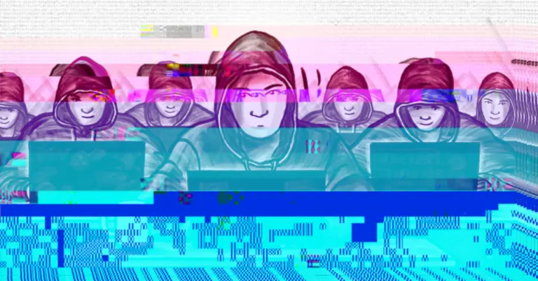 Illustration of the pentest provider mioso - IT Security with several hackers in hoodies working on laptops, surrounded by digital glitches and glitches.