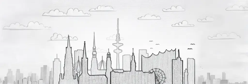 Illustration by pentest provider mioso - IT Security shows the skyline of Hamburg. The buildings consist of lines of code.